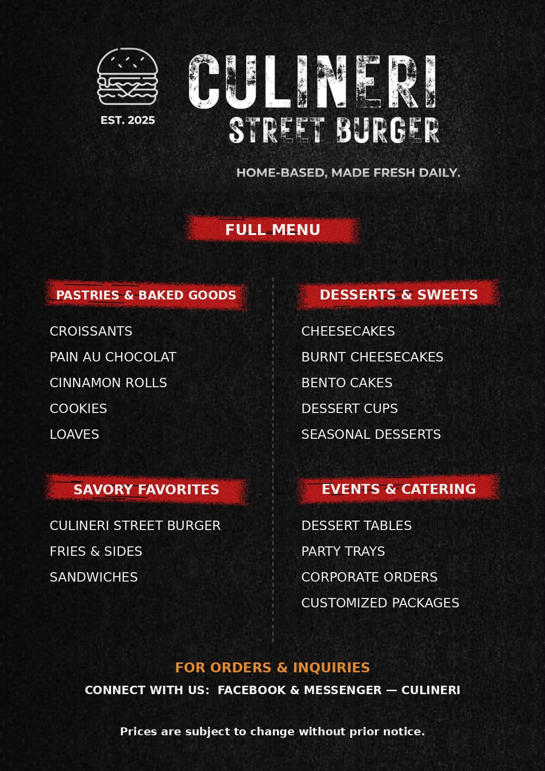 Culineri full menu — pastries, desserts, savory, catering